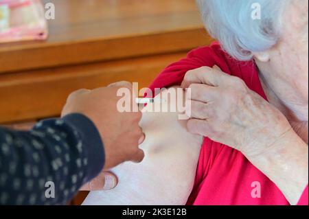 Persone anziane vaccinate contro COVID-19 a casa nel mese di ottobre 2021: Medico o infermiera che pratichi un'iniezione, seconda o terza dose del vaccino. Foto Stock