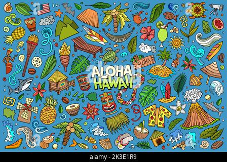 Colorato vettore doodle cartoon set di oggetti e simboli Hawaii Illustrazione Vettoriale