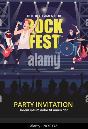Rock party invito. Stampa poster design per musica rock performance flyer con musicisti rock band swanky vettoriale placard con spazio per il testo Illustrazione Vettoriale