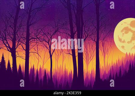 Silhouette mistico magico paesaggio forestale al chiaro di luna. Silhouette ad albero in un'illustrazione di stile cartoon. Paesaggio surreale per sfondi e ba Foto Stock