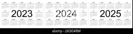 Calendari vettoriali modificabili semplici per l'anno 2023 2024 2025. La settimana inizia da domenica. Illustrazione del vettore isolato su sfondo bianco. Illustrazione Vettoriale