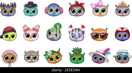 OWL facce cartone animato. Carino gufi avatar, divertenti uccelli selvatici ritratti vettoriali. Adesivi animalier infantili, personaggi della moda con occhiali da sole, cuffie Illustrazione Vettoriale