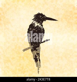 Uccello in stile retrò linocut, silhouette vintage di uccello su carta vecchia Illustrazione Vettoriale