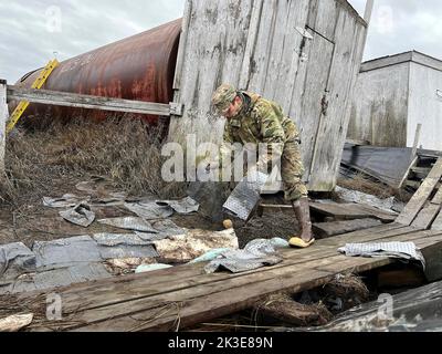 Newtok, Stati Uniti. 22nd Set, 2022. I soldati degli Stati Uniti con la Guardia Nazionale dell'Alaska assistono i residenti locali nella pulizia delle proprietà danneggiate durante l'operazione Merbok Response, 22 settembre 2022 a Newtok, Alaska. I remoti villaggi costieri subirono danni dai resti di Tifone Merbok che causarono inondazioni in oltre 1.000 miglia di costa dell'Alaska. Credit: 1st Lt. Balinda o'Neal/US Army/Alamy Live News Foto Stock