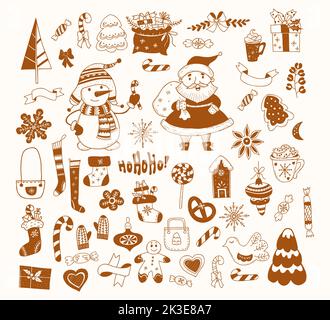 Dolce collezione di Natale doodle. Babbo Natale con regalo, pupazzo di neve, casa di pan di zenzero, scarpone di natale, giocattoli, lollipop e caramelle, mitens e calze, ne Illustrazione Vettoriale