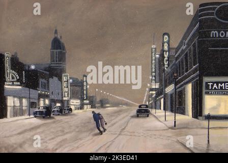 Vintage 1950s scena di una notte innevata sulle strade di Windsor, Ontario. Foto Stock