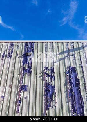 Vernice mal peeling su rivestimenti metallici di edifici moderni - Chatellerault, Vienne (86), Francia. Foto Stock