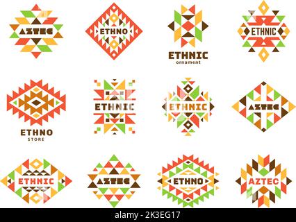 Logo tribale nativo indiano navajo Aztec. Elementi trendy del hipster, ornamenti etnici isolati. Motivo Messico, simboli geometrici ordinati del vettore boho Illustrazione Vettoriale