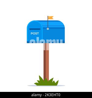 Mailbox con sportello chiuso e flag sollevato. Cassetta postale blu, isolata su sfondo bianco. Illustrazione vettoriale Illustrazione Vettoriale