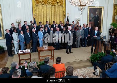 Il presidente degli Stati Uniti Joe Biden dà il benvenuto agli Atlanta Braves alla Casa Bianca a Washington, DC per celebrare il loro campionato di World Series 2021, 26 settembre 2022. Credit: Chris Kleponis/Pool/Sipa USA Credit: Sipa USA/Alamy Live News Foto Stock