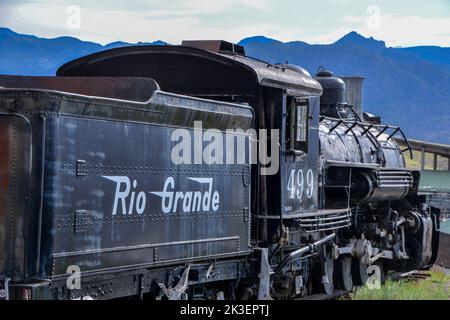 La locomotiva Rio Grande parcheggiata per turismo al Royal Gorge Mountain Park vicino a Canyon City in Colorado USA Foto Stock