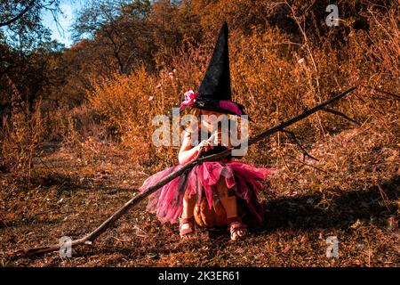 Carino bambina in costume da strega con il cappello è in possesso di una  scopa e in piedi di Halloween decorate soggiorno, guardando la fotocamera e  sorridente. Hallowee Foto stock - Alamy