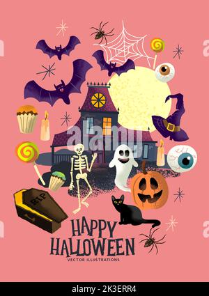 Una collezione di trucchi o trattare personaggi di eventi halloween e oggetti con fantasmi, zucche e una casa infestata. Illustrazione Vettoriale