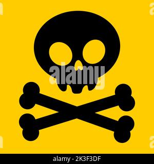 Pericolo, icona del cranio con segno tossico. Simbolo di avvertenza cranio. Attenzione alla morte, elemento velenoso tossico design su sfondo giallo. Illustrazione vettoriale Illustrazione Vettoriale