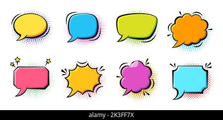 Set di icone fumetto schizzo retro. Fumetti pop art bolle su sfondo a mezzitoni a colori. Braccio esplosivo, scoppio, effetto wow telaio vuoto. Divertenti forme di modello di fumetto per la finestra di dialogo di una pagina a fumetti Illustrazione Vettoriale