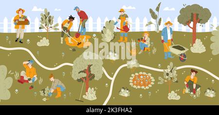 Persone giardinaggio, fiori di pianta, raccolto. Gli agricoltori con pala, abbeveratoio, rastrello e carriola lavorano in giardino con erba verde, alberi e recinzione, disegno piano vettoriale Illustrazione Vettoriale