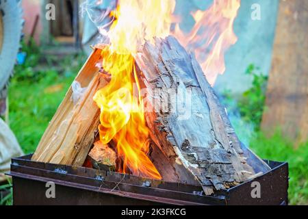 Tronchi di pino per carboni. Fiamma forte sul grill. Legna da ardere sulla griglia. Il fuoco sta bruciando sulla griglia. Foto Stock
