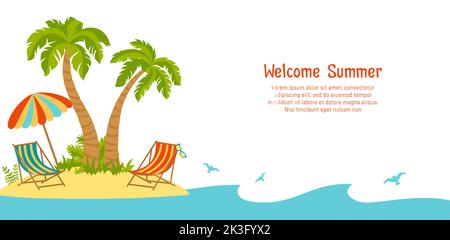 Benvenuti banner estivo, sfondo isola spiaggia. Palme tropicali e sabbia di mare, modello di paesaggio oceanico. Pubblicità poster estate relax cartolina. Volantino o biglietto per la festa di invito vettore Illustrazione Vettoriale