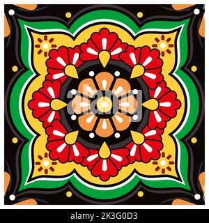 Singolo stile talavera messicano piastrelle vectro design, vivace modello senza cuciture con fiori Illustrazione Vettoriale