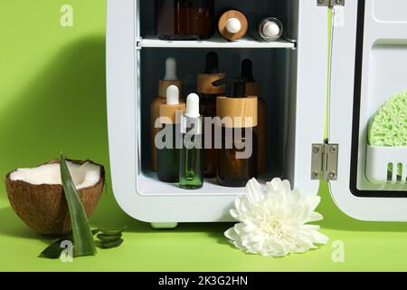 Piccolo frigorifero con cosmetici naturali, cocco, foglie di aloe e fiori su sfondo verde Foto Stock