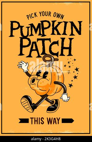 Un'insegna di fattoria di zucca decorata con Halloween vintage con un Jack o' Lantern. Illustrazione vettoriale. Illustrazione Vettoriale