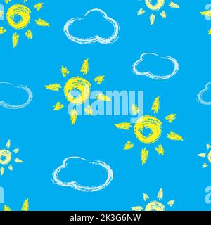 Motivo senza cuciture con nuvolosità. Nuvole e scarabocchio di sole disegnano su sfondo blu. Illustrazione vettoriale del gesso per bambini. Illustrazione Vettoriale