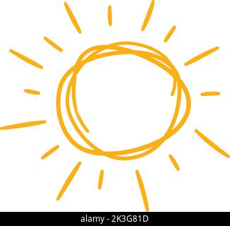 Doodle icona del sole infantile. Il sole giallo con il simbolo dei raggi. Disegno dei bambini di Doodle. Raffica disegnata a mano. Cartello meteo caldo. Illustrazione vettoriale Illustrazione Vettoriale