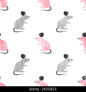 Carino motivo mouse rosa e grigio senza cuciture. Sfondo vettoriale con mouse cartoon. Illustrazione Vettoriale