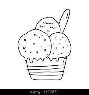 Gelato carino in una tazza isolato su sfondo bianco. Cibo dolce. Disegno vettoriale a mano in stile doodle. Perfetto per vari design, schede Illustrazione Vettoriale