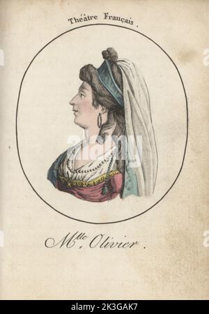 Jeanne-Adelaide Gerardin o Mademoiselle Olivier, attrice francese, 1764-1787. Mlle Olivier. Teatro Francais. Incisione a pioli a mano dopo Jacques Grasset Saint-Sauveur di Acteurs et Actrices Celebres, famosi attori e Attrici, Chez Latour libraire, Parigi, 1808. Foto Stock