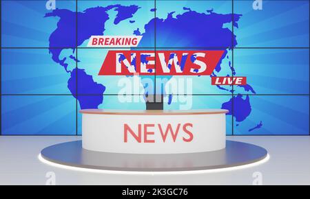 tavolo in legno e sfondo lcd nella sala news studio.3d rendering. Foto Stock