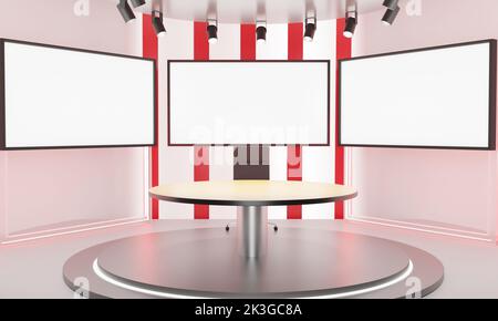 tavolo in legno e sfondo lcd nella sala news studio.3d rendering. Foto Stock