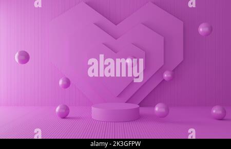 podio rosa con palloncini e fondo cuore in rosa room.3d rendering. Foto Stock