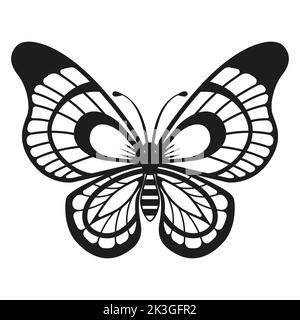 Silhouette nera elegante farfalla isolata su sfondo bianco Illustrazione Vettoriale