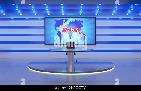 tavolo in legno e sfondo lcd nella sala news studio.3d rendering. Foto Stock