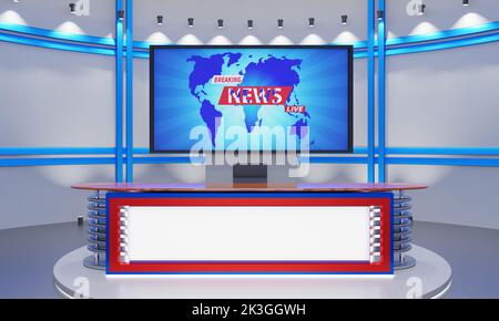 tavolo in legno e sfondo lcd nella sala news studio.3d rendering. Foto Stock