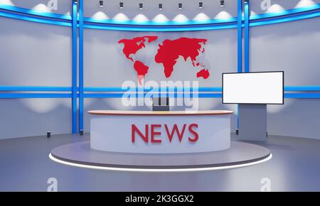 tavolo in legno e sfondo lcd nella sala news studio.3d rendering. Foto Stock