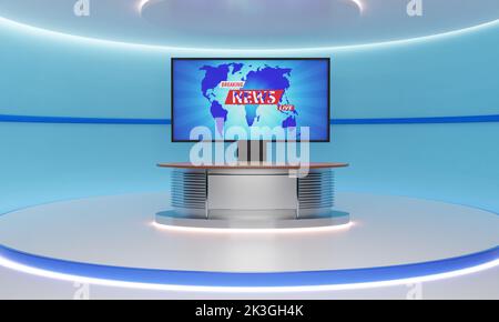 tavolo in legno e sfondo lcd nella sala news studio.3d rendering. Foto Stock