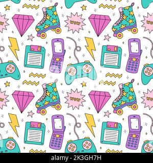 Motivo luminoso e senza cuciture con elementi degli anni '90: Floppy disk, pattini a rotelle quadruple, flip phone retrò, gamepad joystick, illuminazione, diamanti Illustrazione Vettoriale