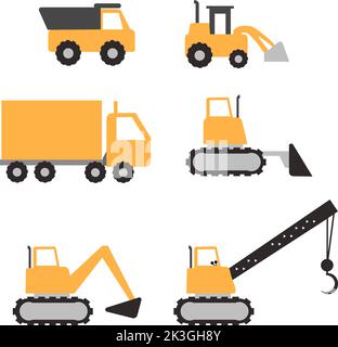 Icona delle auto da costruzione su sfondo bianco. Segnaletica per attrezzature edili. stile piatto. Foto Stock