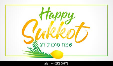 Scritta Happy Sukkot disegnata a mano. Bandiera ebraica con etrog, lulav, hadas, arava e sfondo bianco. Illustrazione vettoriale Illustrazione Vettoriale