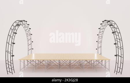 palco in legno e speaker con riflettore sul sistema a traliccio su sfondo bianco.3d ridering. Foto Stock