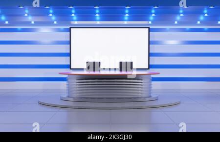 tavolo in legno e sfondo lcd nella sala news studio.3d rendering. Foto Stock