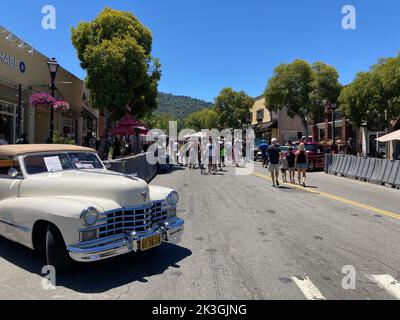 Auto colorate parcheggiate e esposte in strada durante lo spettacolo di auto classiche e fredde. Saratoga, California, USA - 24 luglio 2022 Foto Stock