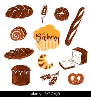 Set da forno a pasta disegnata a mano. Diversi tipi di illustrazione vettore pane. Illustrazione Vettoriale