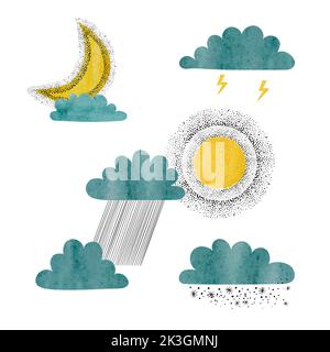 Set di acquerello sole, luna, nuvole e pioggia. Illustrazione vettoriale. Illustrazione Vettoriale