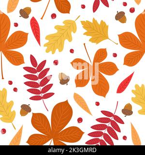 Modello autunnale con belle foglie, bacche e ghiande. Sfondo senza cuciture, illustrazione vettoriale in stile cartoon piatto Illustrazione Vettoriale