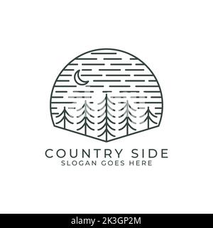 Country Side contorno logo design ispirazioni. Notte all'aperto campo di foresta illustrazioni vettoriali. Illustrazione Vettoriale