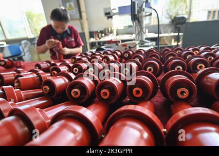 QINGZHOU, CINA - 27 SETTEMBRE 2022 - i lavoratori lavorano all'assemblaggio all'interno di un workshop di un'impresa di produzione elettrica nello sviluppo economico di Qingzhou Foto Stock