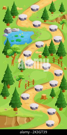 Mappa del gioco foresta sfondo gui, modello in stile cartoon, casual vista isometrica. Decorato con pietre, alberi, stagno. . Illustrazione vettoriale Illustrazione Vettoriale